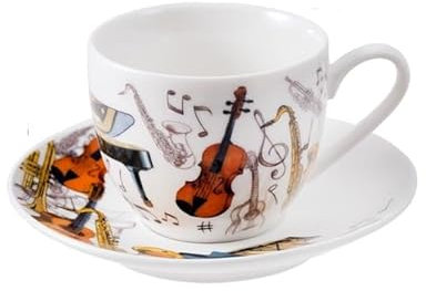 DRW Set 6 Tazas con Plato Porcelana Instrumentos Musicales 100 ml Taza: 6.5x6.5x5 cm