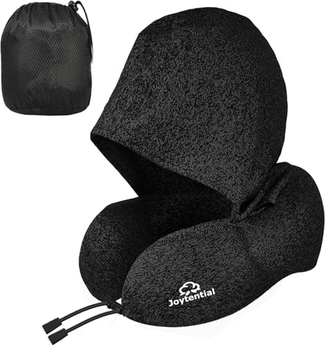 Joytential Nackenkissen Flugzeug mit Kapuze, Memory Foam Reisekissen Flugzeug Verstellbares, Nackenhörnchen Erwachsene, Travel Airplane Neck Pillow, Nackenkissen Reise für Auto, Büro, Schwarz