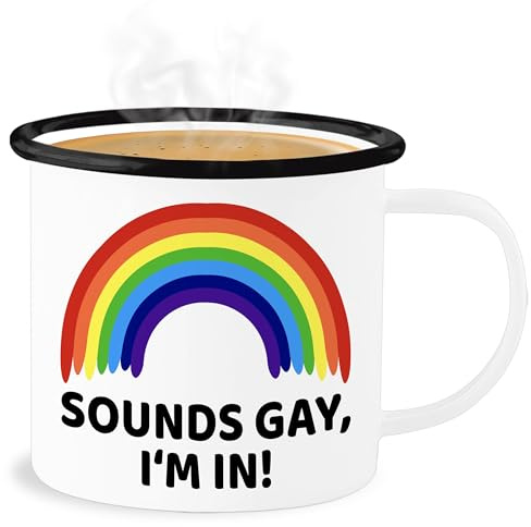 Emaille Becher Blechbecher - Tasse Flagge - Sounds Gay Im In Pride Outfit CSD Accessoire LGBTQ Outfit Christopher Street Day Accessoires I - 300 ml - Weiß Schwarz - lgbt lesbian lqbtq