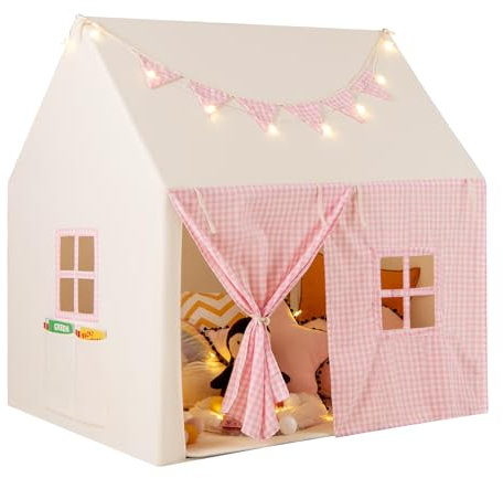 COSTWAY Kids Play Tent, Indoor Large Playhouse with Mat, Star Lights, Flag Banner, Storage Pockets and Windows, Toddler Castle Fairy Tents Gift for Boys & Girls (Pink)