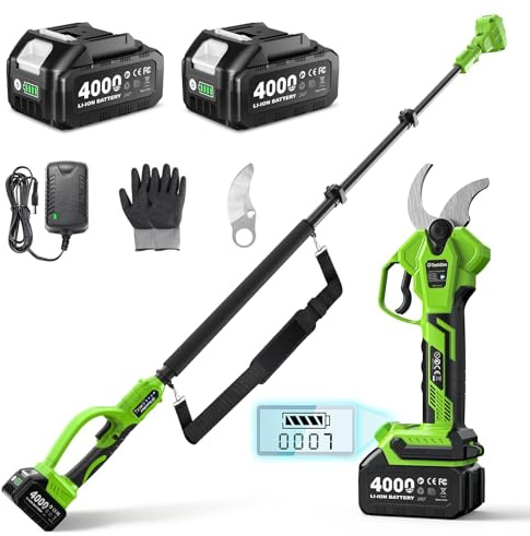 ﻿ TaskStar Forbici Potatura a Batteria 2 in 1: 40mm Forbici Potatura Elettriche con Asta Telescopica, 2 Batterie da 4000mAh, Lama SK5 Extra, Motore Brushless, 4 Modalità di Taglio per Fiori e Alberi ﻿