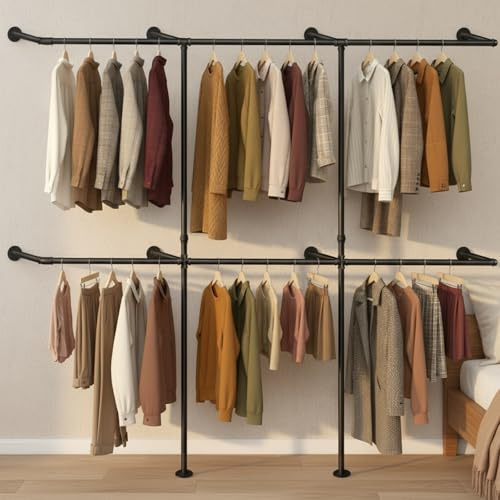 Gemsaya Industrial Pipe Clothing Rack, Heavy Duty Wall Mounted Clothes Rail, T-Shape Clothes Rack for Hanging Clothes, Multi-Purpose Clothing Garment Bar Rail with 6 Hanging Rod for Walk-in Wardrobe
