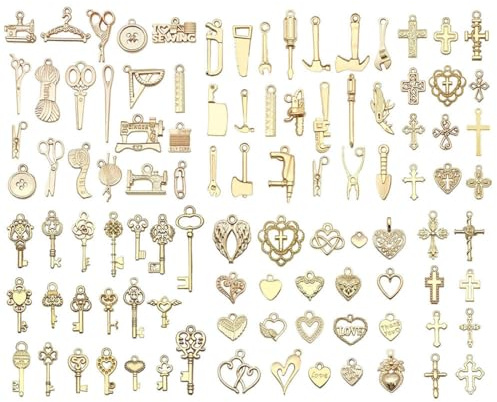 VYZUTR 100 Stück Charms Anhänger, zum Schmuck Basteln, Gemischte Anhänger Kette und Vintage Aesthetic, Armbänd Ohrringe Halskette, Gold-E