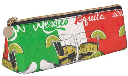 Uusnwaa Federmäppchen aus Leder, Motiv: Mexiko-Flagge und Tequila-Druck, Federmäppchen mit Reißverschluss, Kosmetik-Organizer-Tasche für Schule, Büro, Damen, Herren