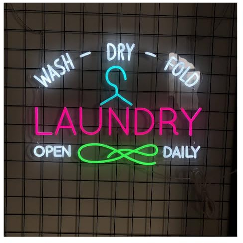 LEMST LED néon signe Enseigne Lumineuse Néon Laundry Open Daily pour Vêtements, Cintre, Éclairage LED, Lavage, Séchage, Pliage,vitrine, Entrée, 63x48cm
