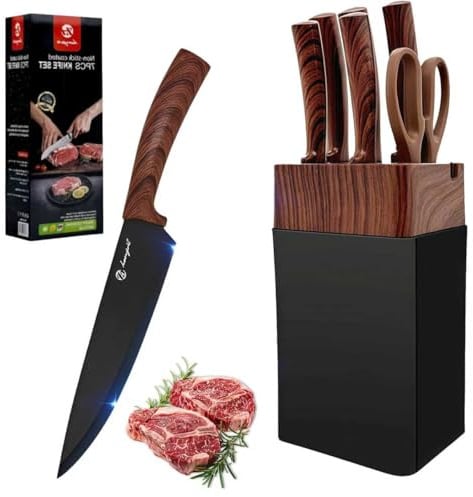 7 Pezzi Coltelli da Cucina,Set Coltelli da Cucina Professionali con Ceppo Universale e Affilatore Integrato,Lame Acciaio Inossidabile di Qualità e Manici Ergonomici