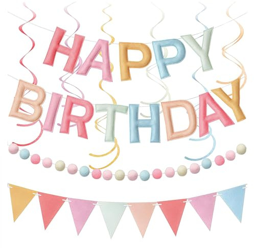 Cosblisvia Geburtstagsdeko Happy Birthday Girlande Happy Birthday Deko, Vormontiertes Filz Banner für Frauen Mädchen Kinder, Party Wanddeko Wiederverwendbar (Pastell)
