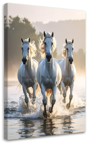 Feeby Wandbilder - Bilder Schlafzimmer - Weiße galoppierende Pferde - 30x45 1tlg - Wohnzimmer Bild Groß - Wohnungs - Foto Geschenk - Leinwand Wall Art - Wand Deko