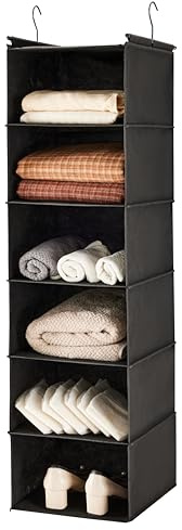 MAX Houser 6-Tier Hanging Shelf, Closet Organizer, Hanging Shelf with 2 Sturdy Hooks for Storage, Foldable (Black)