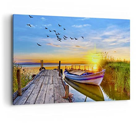 Moderne Impression sur Toile 100x70cm Image Tableau Decoration Murale lac bateau eau Grand Tableaux Decoratifs Muraux Chambre Cuisine Horizontal Deco Cadre Décoration Salon Art Wall AA100x70-3983