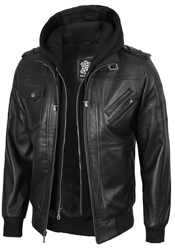 fjackets Men Hooded Leather Jacket - Real Lambskin Men's Bomber Leather Jackets with Detachable Hood Stylish Casual Outerwear