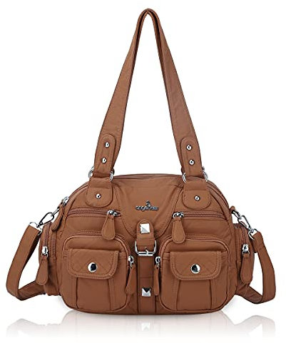 Angel Kiss Damen handtasche tasche damen Umhängetasche 2 hauptfächer Multifunktionale Rucksack Weiche PU Leder mit Reißver Schlusstaschen Elegante Damenumhängetasche für Büro Schule Einkauf Braun