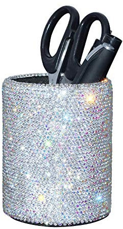 Kristall-Bleistift-Topf-Halter, Box mit glitzernden Strasssteinen, Stift-Organizer, Halter, Kosmetik-Stift-Behälter, Kamm-Pinsel, personalisierbar (rund)