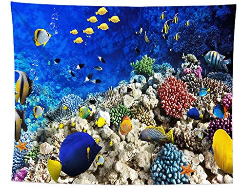 izielad Ozean Tier Unterwasser Meer Korallenriff Tropischer Fisch Wandbehang Wandteppich für Wohnheim Dekor Wohnzimmer Schlafzimmer Tagesdecke TV Hintergrund 150X200CM 59X78.7IN