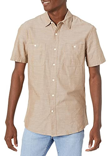 Amazon Essentials Men's Regular-Fit Short-Sleeved Chambray Shirt, Tan, S