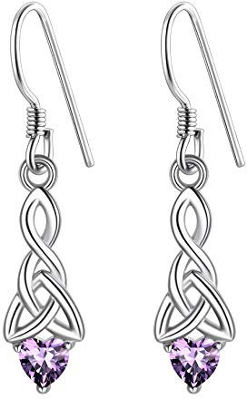 Nudo Trinidad Pendientes Cierre Gancho Corazón con Cristal Amatista Lila de Febrero Joyería de Irlanda Plata de Ley para Mujeres Regalo Romántico para San Valentín