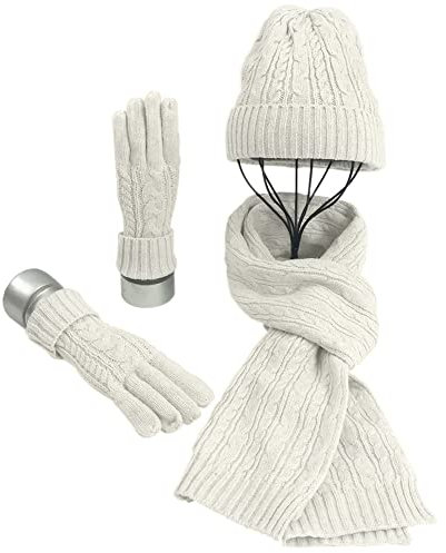Warmiehomy Mütze Schal Handschuh Set Damen für Winter, 3 in 1 Warmes Strickmütze Set für Skifahren Aufflug Camping Reissen Weiß