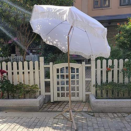 JZWJH 2,35 M Runde Quasten Holz Sonnenschirme Mit Neigungsfunktion Weißer Sonnenschirm, Für Außenterrasse Strand Pool Balkon Markt