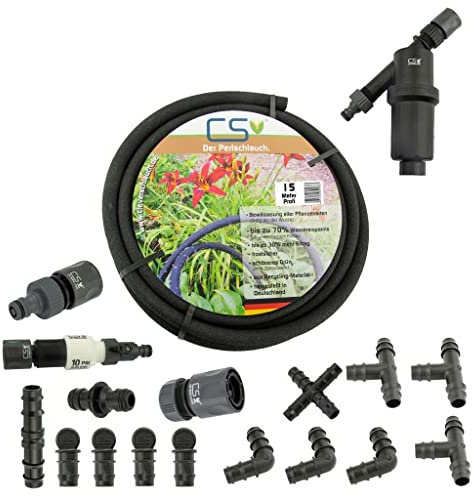 CS Profi Perlschlauch 15m Komplettset – nachhaltiges, ökologisches eco-Bewässerungssystem für Garten, Rasen & Flächenbewässerung – bis zu 70 % Wasserersparnis