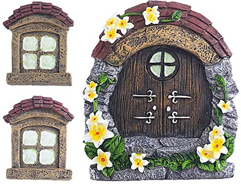 ALEMIN Porta fatata da giardino e finestra per alberi, 14 cm, in resina, in miniatura, porta gnomo, decorazione da giardino, luci al buio (Tegole)