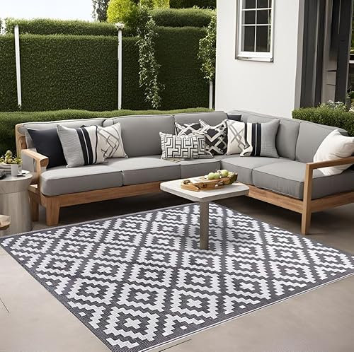GBS Lightweight Reversible Portable Garden Rug, Large Outdoor Rug, Anti-slip Plastic Straw Portable Carpet Mat UV Resistant Waterproof Indoor Area Rugs for Garden Patio Beach Picnic(Grey 180 x 120 cm)