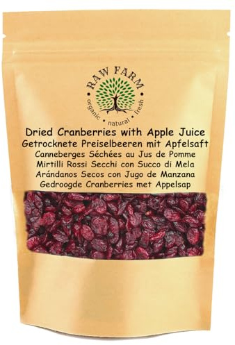 Raw Farm - Mirtilli Rossi Essiccati 1kg - Dolcificati con Succo di Mela - Senza Zuccheri Aggiunti - Frutti Interi, Naturali, Senza Conservanti, Snack Salutare