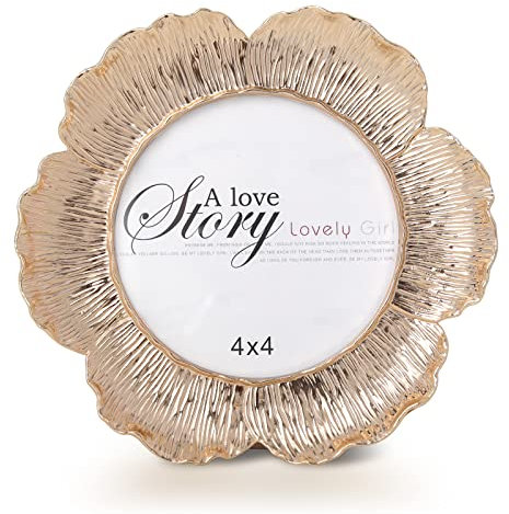 SWTHONY Round Floral Rose Gold Picture Frame, 4x4 Circular Flower Shaped Photo Frames with High Definition Glass Front for Wedding, Graduation