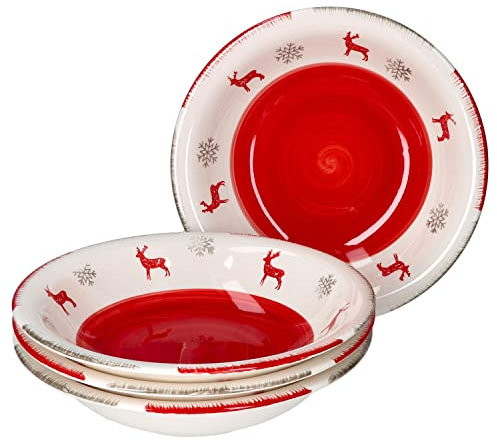 MamboCat Renne Unik Set de 4 Assiettes à Soupe 450 ML I 4 Personnes I Ø 21 cm I Bol pour Noël I avec Cerfs et Flocons de Neige I Assiette à pâtes, Assiette à Spaghettis, saladier en faïence
