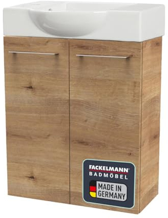 FACKELMANN Milano Gäste-WC Set 2 Teile – Waschtischunterschrank in Holz Braun mit Waschbecken aus Keramik – SBC Waschbeckenunterschrank schmal – 2 Türen – Hahnloch Links – 55 cm breit
