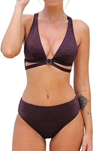 CUPSHE Damen-Bikini-Sets, Badeanzug, dreieckig, O-Ring, tiefer V-Ausschnitt, Rückenbindung, mittlere Taille, 2-teiliger Badeanzug, burgunderrot, M