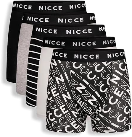 Nicce Men's Talox Boxers, Assorted Colours - Black, ​Grey Marl, ​Stripes, White, Black, Elasticated Logo Waistband, 5 Pack, Premium Cotton Blend, Classic Fit, Comfortable Men's Underwear, XX-Large
