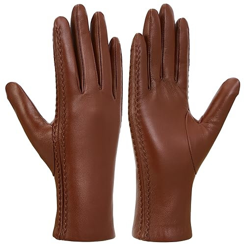 GSG SINCE 1998 Echte Lederhandschuhe Damen Touchscreen Winterhandschuhe Woll Gefütterter Warme Lammfell Autofahrerhandschuhe Braun S