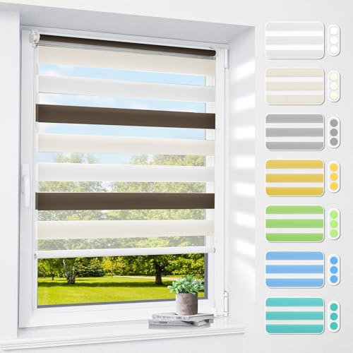 Doppelrollo klemmfix ohne Bohren & mit Bohren, 55x150cm (BxH) Weiß Creme Braun, 3-in-1 Duo Rollo für Fenster & Tür, Fensterrollo innen lichtdurchlässig & verdunkelnd, Klemmrollo Rollos