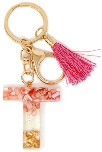 Rohans Pink and Gold Resin Alphabet Initial Letter Keychain, Bag Charm, Key Ring with Lobster Clasp (T)