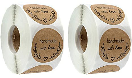 YdseozOA 1000 Stück Selbstklebende Aufkleber, Etiketten, Kraftpapier, handgefertigt mit Liebe, runde Backaufkleber, Etiketten, Rollendekoration, Keksdosen, selbstgemachte Geschenke, Umschläge usw