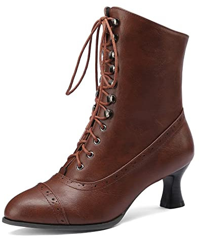 HavueGatue Viktorianische Stiefel Damen Stiefeletten Zum Schnüren Mit Absatz Spitz Stiefeletten Reißverschluss Braun Größenangabe 39