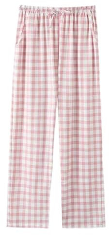 Bas De Pyjama À Carreaux en Coton pour Femme, Bas De Pyjama Long pour Femme avec Poches Et Cordon De Serrage, Pantalon De Détente À Jambes Larges Pantalons De Yoga Pantalons De Détente,Rose,S