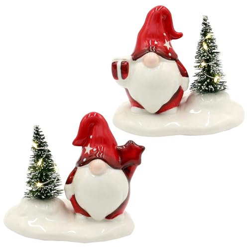 Dekohelden24 Gnom - Wichtel in weiß - rot mit Tanne, als 2er Set, L/B/H 11 x 7,5 x 9,5 cm.