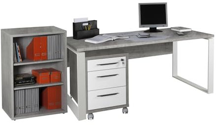 Composad | Scrivania, Cassettiera e Libreria Bassa con 2 Ripiani della Linea Disegno, Set di 3 Mobili per Ufficio, Ufficio Moderno, Colore Grigio Cemento e Bianco Laccato, Made in Italy