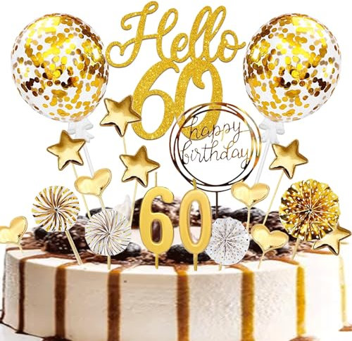 YUNPYCHY Tortendeko 60 Geburtstag Männer Frauen, 20 Stück Tortendeko Gold Deco 60 Geburtstag, 60th Birthday Kuchendeko, Cupcake Topper Sternen Liebe Konfetti-Luftballons Papierfächer