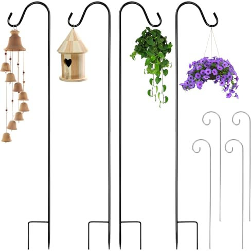 JABNOW 4 Stücke Garten Schäferhaken, 81.5 Schäferstab mit Haken, Höhenverstellbar Hirtenstab, Metall Gartenstab Rostbeständig, Outdoor Abnehmbarer Hirtenstab, Schäferhaken für Pflanzen Vögel Laterne