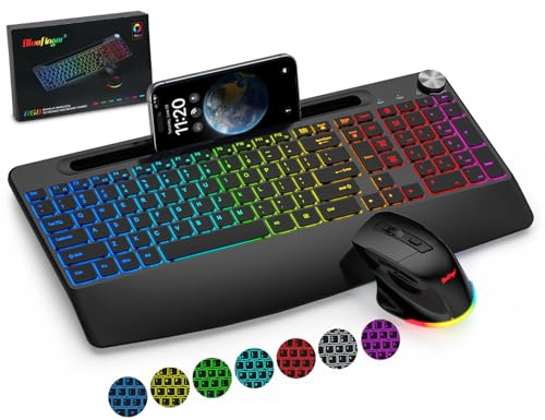 BlueFinger Clavier et souris sans fil rétroéclairé, clavier de jeu ergonomique rechargeable 2,4 G avec repose-poignet, support de téléphone, bouton de volume, clavier lumineux silencieux avec souris