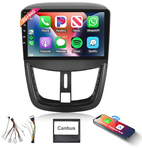 Podofo Autoradio Carplay pour Peugeot 207 (2006-2015), écran Tactile 9 Pouces, 2Go+64Go, avec Carplay sans Fil, Android Auto, Bluetooth/GPS/WiFi/FM/RDS/HiFi/USB+Caméra de recul