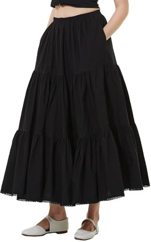 BEAUTELICATE Damen Rock Lange Stufenrock Baumwolle A-Linie Maxirock mit Taschen Retro Plisseerock mit Spitze Sommerrock Elastische Taille (Schwarz,90cm,S)