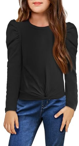 Arshiner Long Sleeved Shirt Girls Puff Sleeve T-Shirt Round Neck Casual Top Long Sleeve Fashionable Sweater Plain Leisure Sweatshirts Halloween Black Tops Children's Clothing 8-9 Years