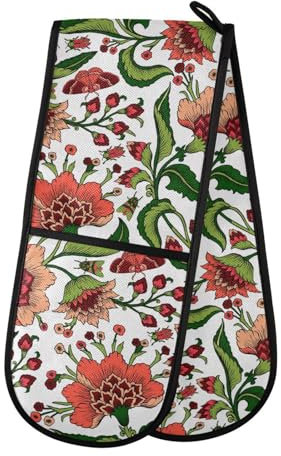 Double Oven Gloves Retro Flower Red Leaves Heat Resistant Pot Holder Oven Mitt Gloves for BBQ Cooking Baking Grilling Microwave