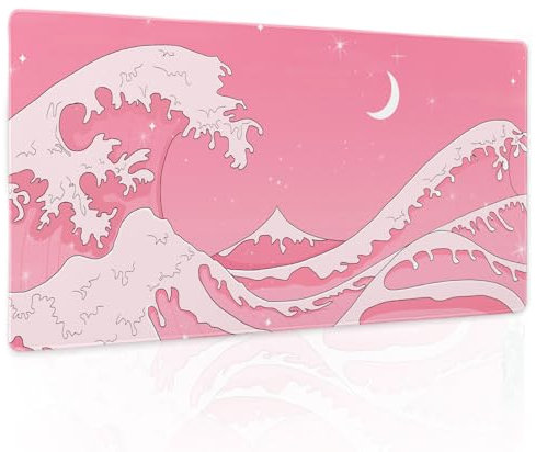 Pink Japanese Anime Gaming Mouse Pad XL Cute Kawaii Aesthetic Wave Extended Big Large Desk Mat Non-Slip Rubber Base Stitched Edge Long Keyboard Mousepad for PC Computer Laptop,24x14 in,60x35cm