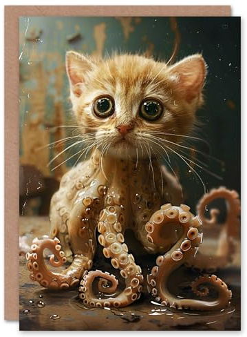 Artery8 Octokitten Cat Lover Octopus Tabby Kitten Hybrid Blank For Him Or Her Art Birthday Card