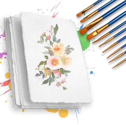 300GSM Büttenpapier, A4/28,5 x 19,6cm Büttenpapier Blankopapier Handgeschöpft Baumwollpapier Aquarellpapier Strukturpapier Mischtechnik für Gemälde Zeichnungen Einladungen(10 Stück Künstlerpinsel Set)