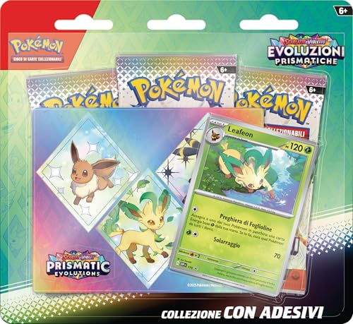 Pokémon-Sammelkartenspiel: Sammlung mit Leafeon-Aufklebern aus der Erweiterung Scharlachrot und Violett - Prismatische Entwicklungen (eine holografische Promokarte und DREI Erweiterungspackungen)